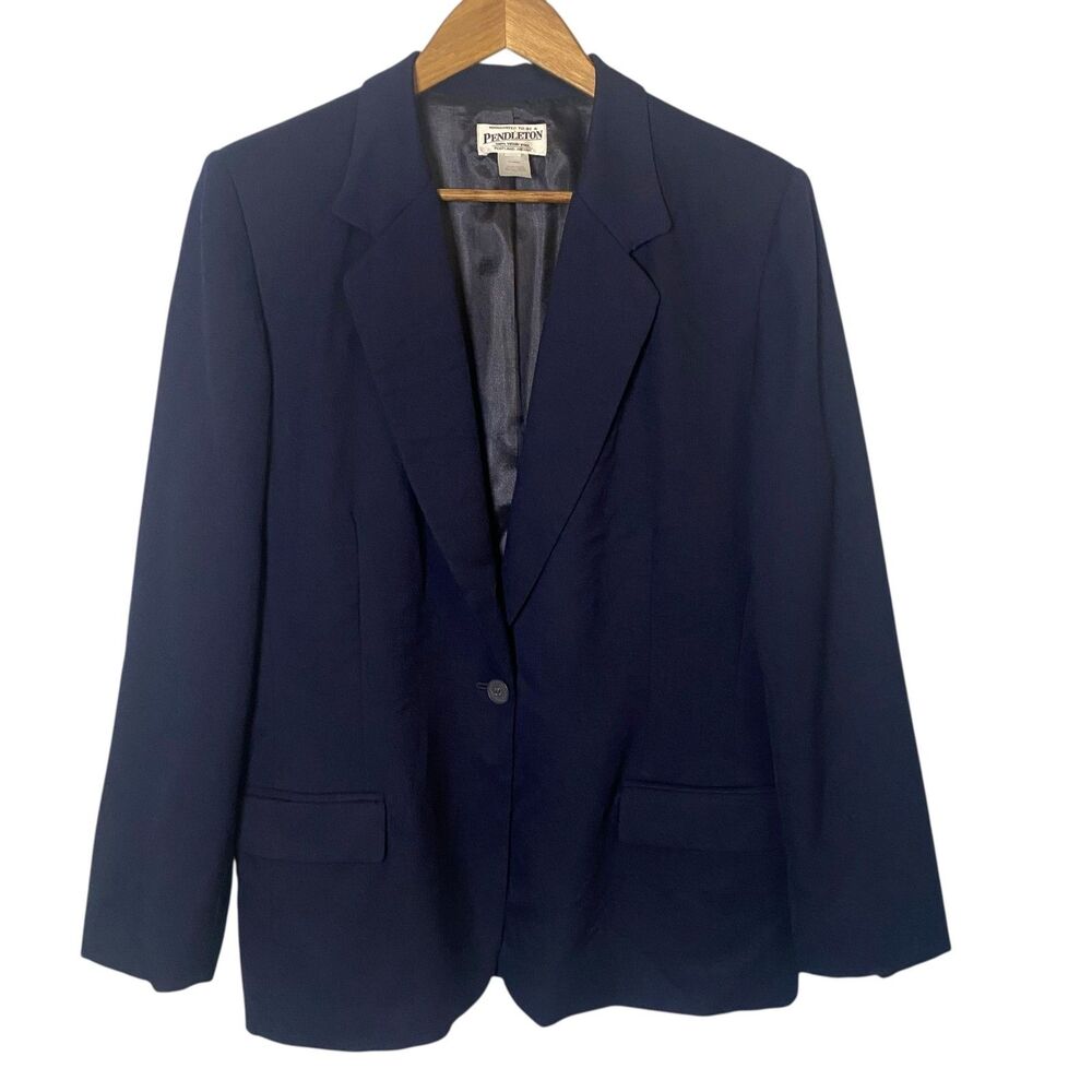 Vintage Pendleton Womens Blazer Jacket Virgin Wool Navy Blue Size 16